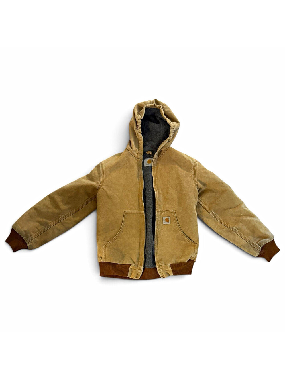 Carhartt Youth Hooded Duck Canvas Jacket Brown Lined Workwear Fits M/L